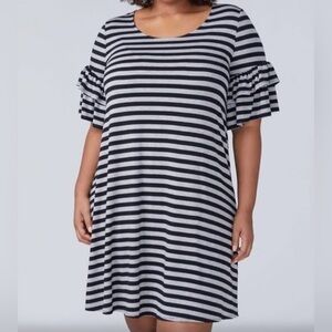 Lane Bryant Gray Black Striped Jersey Ruffle Sleeve Casual Dress 14/16 XL (A5)